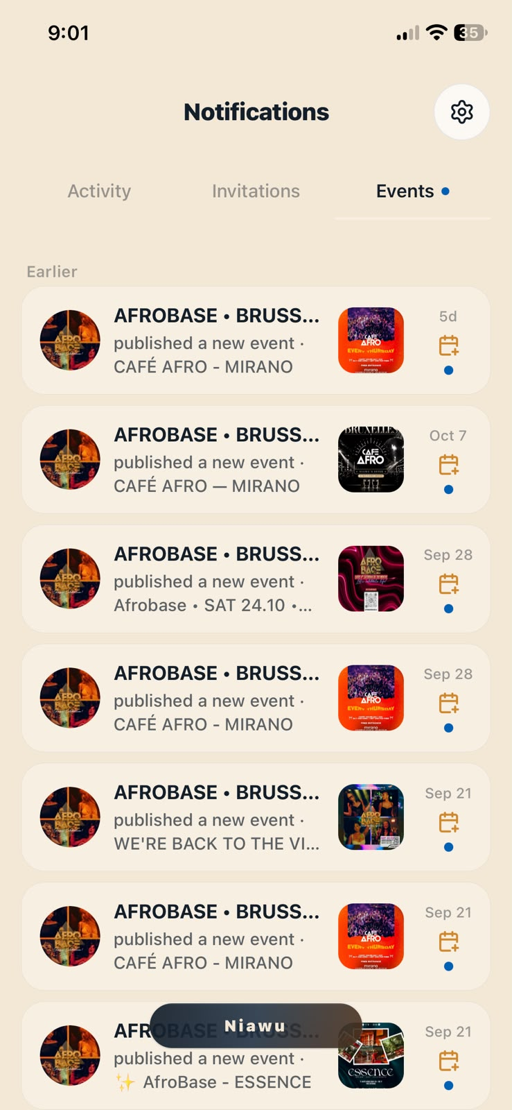 Niawu event notifications showing new events published by an organizer.