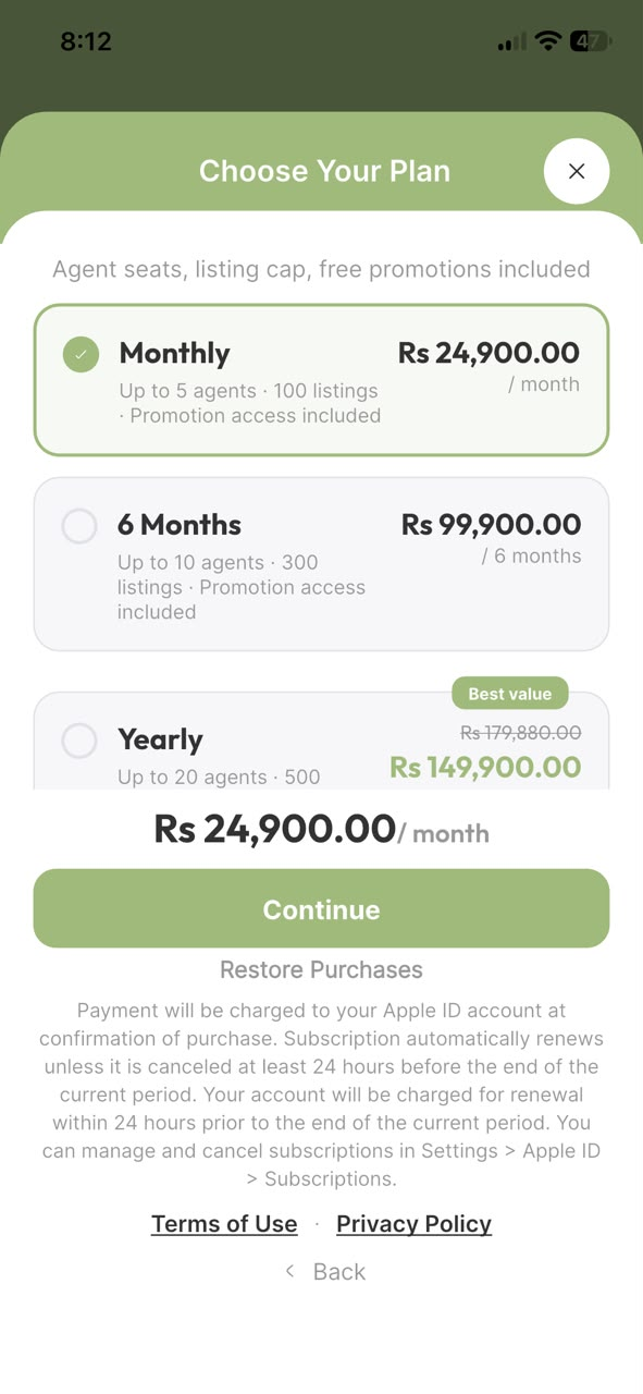 VgnezdiSe agency plan selection screen showing monthly, six-month, and yearly options.
