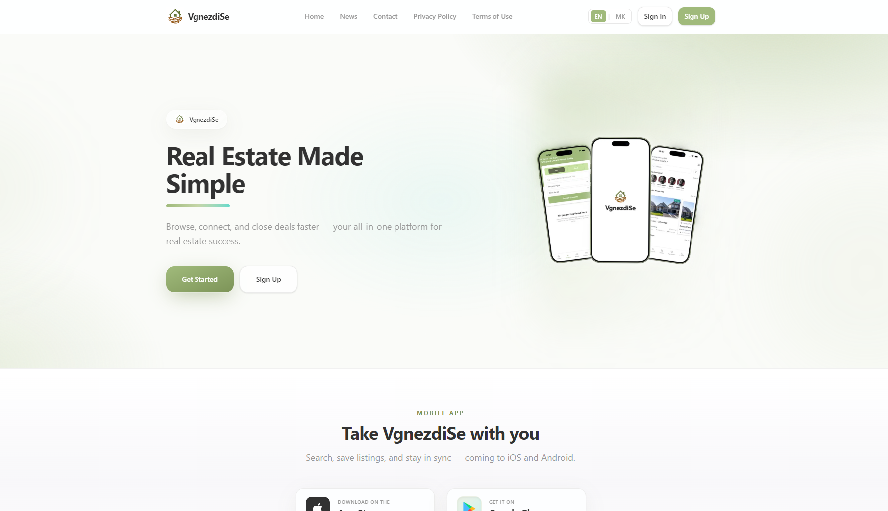 VgnezdiSe website homepage with real estate introduction and mobile app preview.