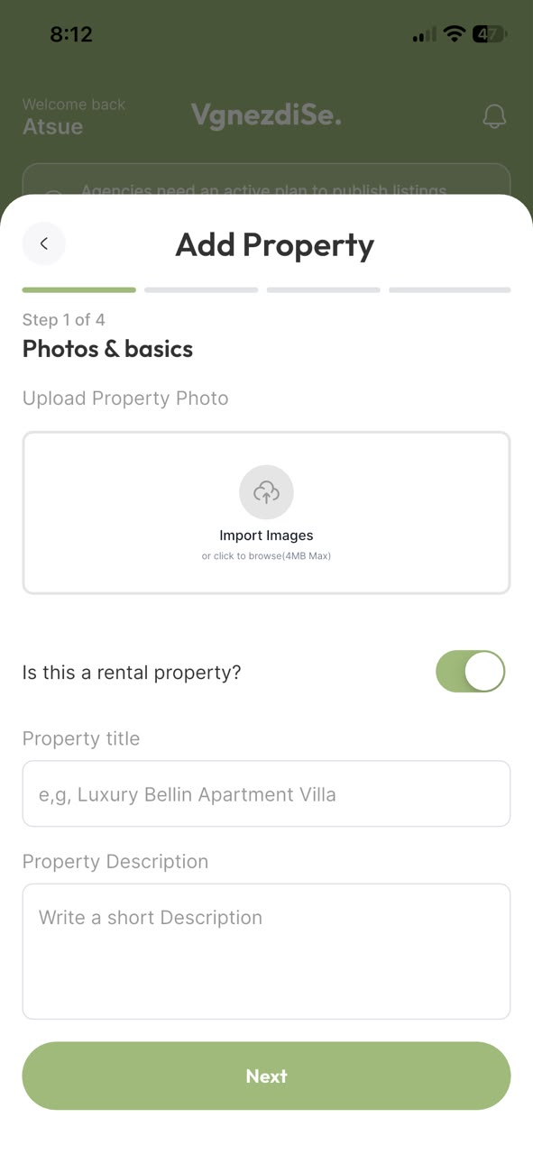 VgnezdiSe Add Property screen showing the first step for uploading photos and entering property basics.