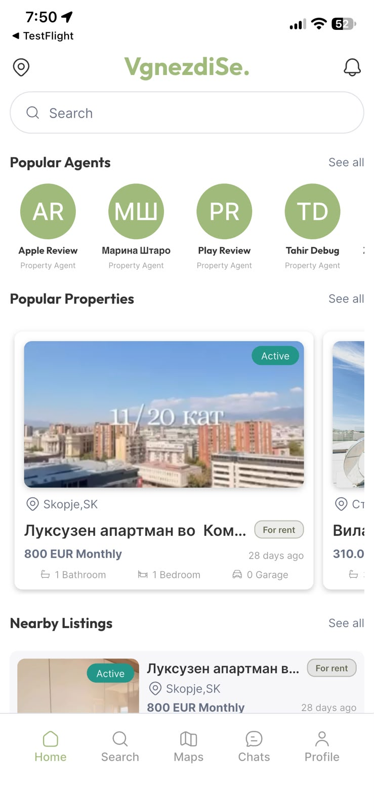 VgnezdiSe home screen showing popular agents and property listings.