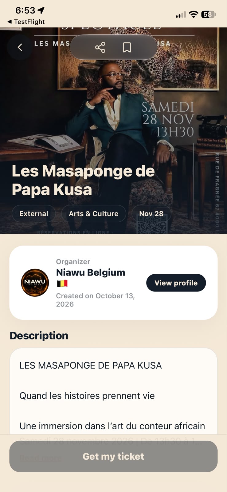 Niawu event details showing an arts and culture event, its organizer, description, and ticket action.