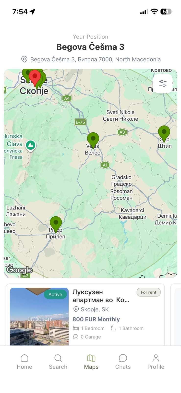 Map view with property markers across North Macedonia and a rental listing below.
